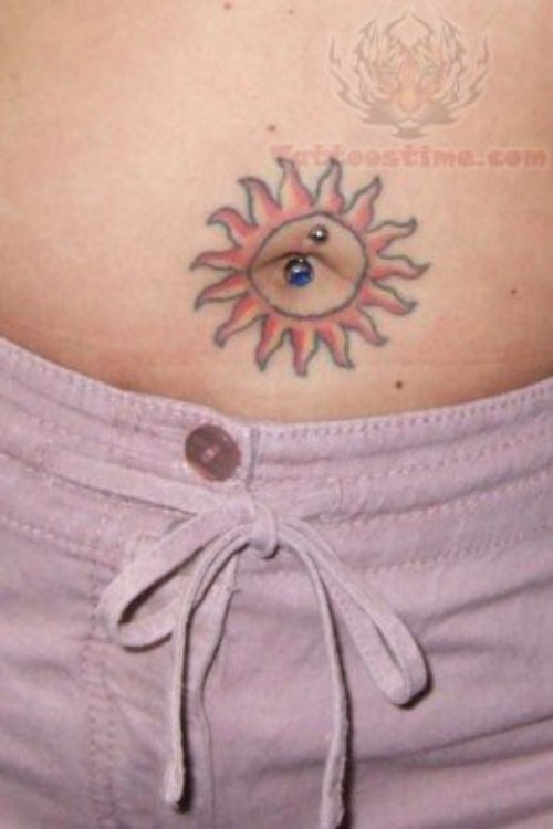 Sun Tattoo And Piercing On Belly Button
